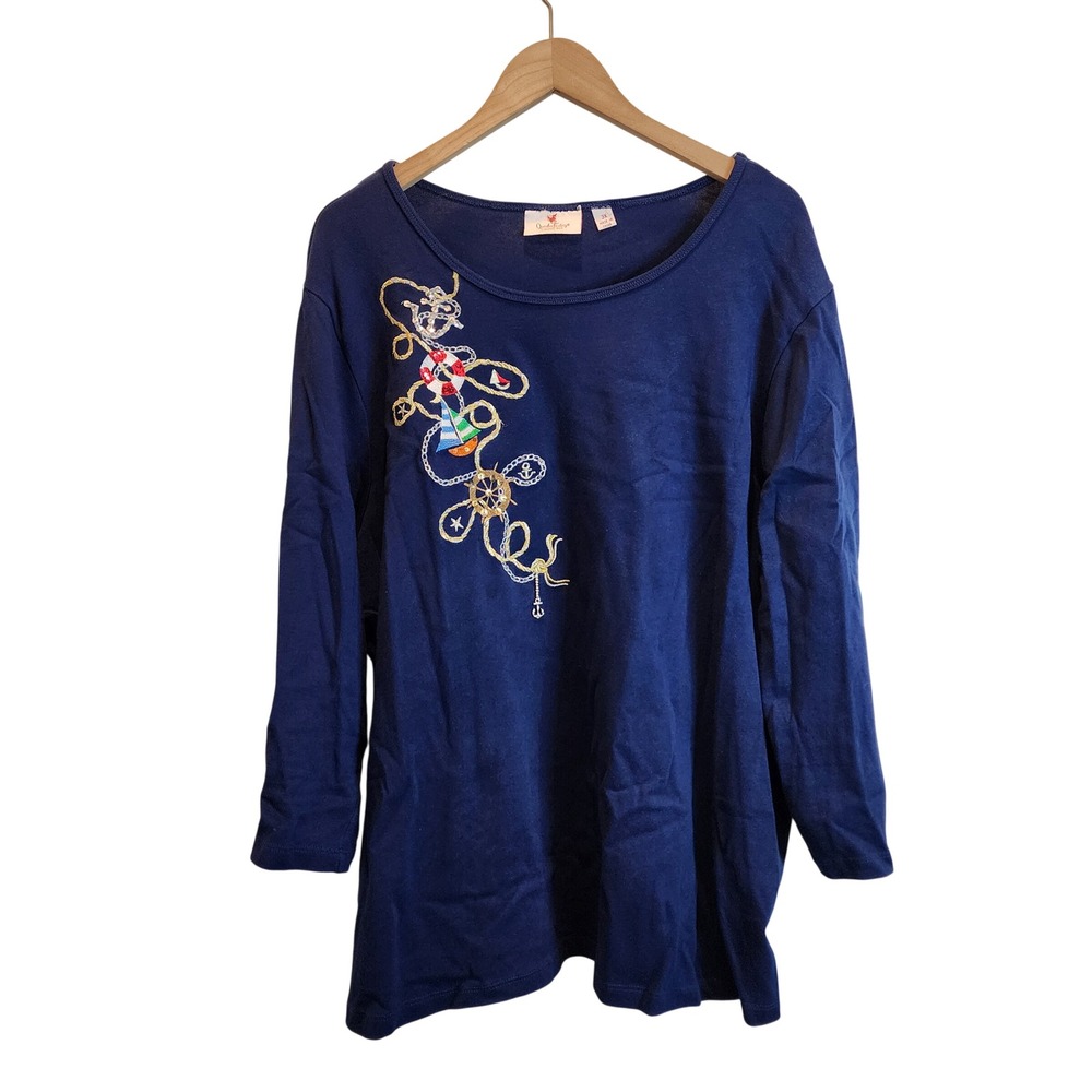 Quacker Factory Top Women 3X Navy Blue Nautical Sailboat Sequin Long Sleeve